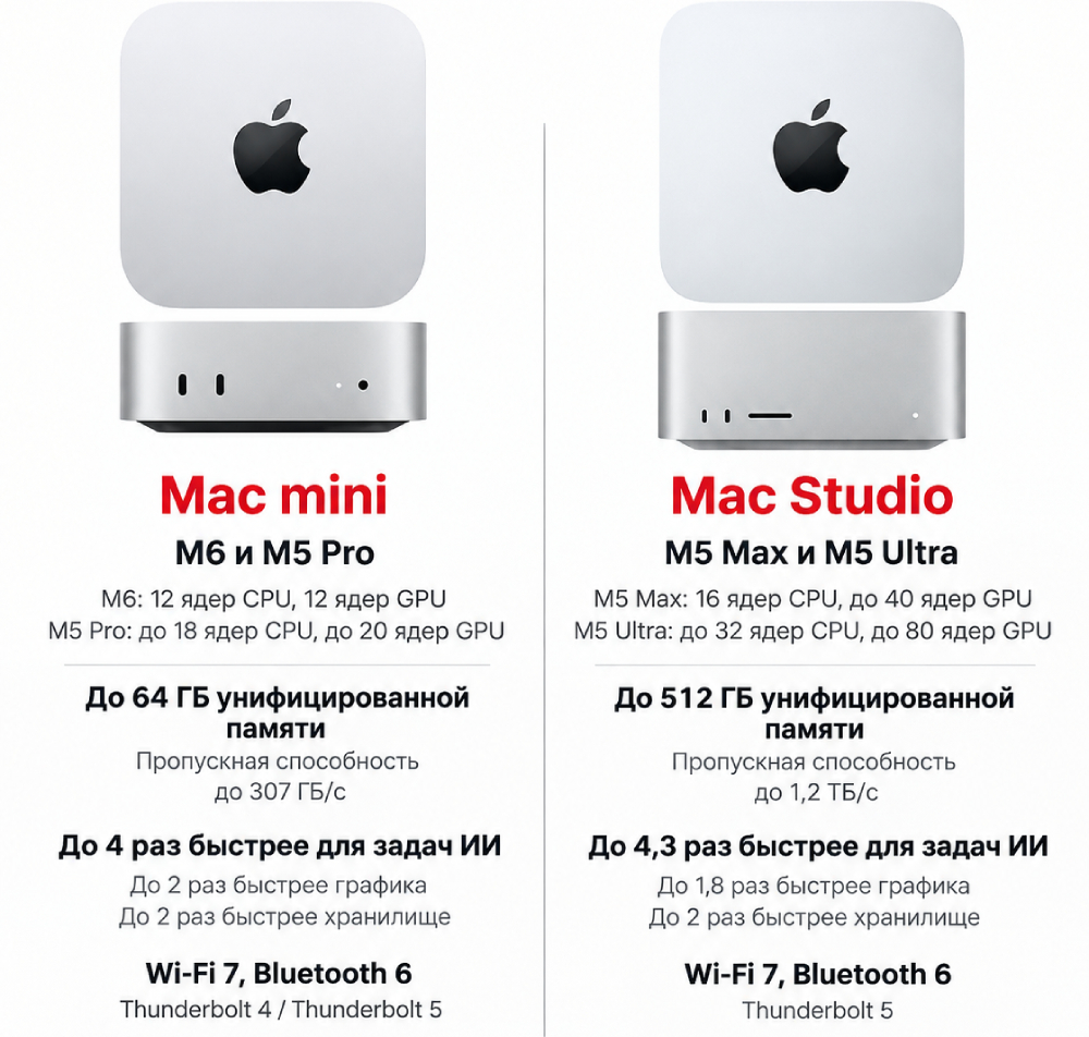 Сравнение характеристик и цен новых Mac mini и Mac Studio 2026