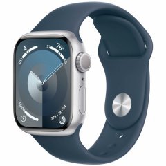 Apple Watch Series 9, 45 мм, корпус из алюминия серебристого цвета, спортивный ремешок цвета грозовой синий, размер S/M, MR9D3