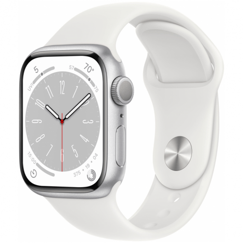 Apple Watch Series 8, 41 мм, корпус серебристый, спортивный ремешок белый, MP6K3