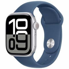 Apple Watch Series 10, 46 мм, корпус из алюминия цвета серебристый, спортивный ремешок цвета «синий деним» S/M, MWWL3Q