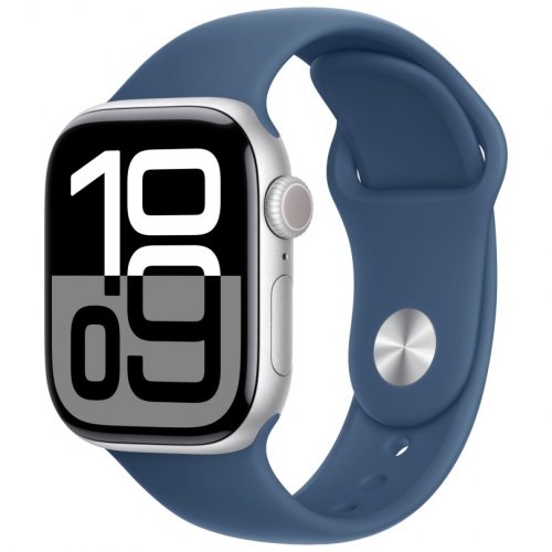 Apple Watch Series 10 GPS + Cellular, 42 мм, корпус из алюминия цвета серебристый, спортивный ремешок цвета «синий деним» S/M, MWX33Q