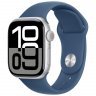 Apple Watch Series 10 GPS + Cellular, 42 мм, корпус из алюминия цвета серебристый, спортивный ремешок цвета «синий деним» S/M, MWX33Q