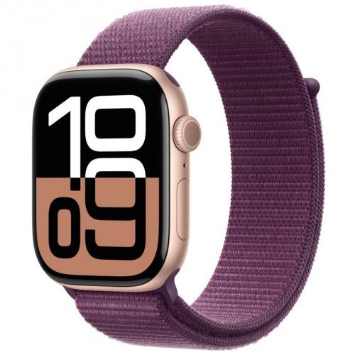 Apple Watch Series 10 GPS + Cellular, 42 мм, корпус из алюминия цвета «розовое золото», спортивный браслет сливового цвета, MWXC3Q