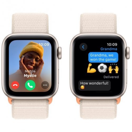 Apple Watch SE 2023, 44 мм, корпус из алюминия цвета сияющая звезда, спортивный браслет цвета сияющая звезда, MRE63