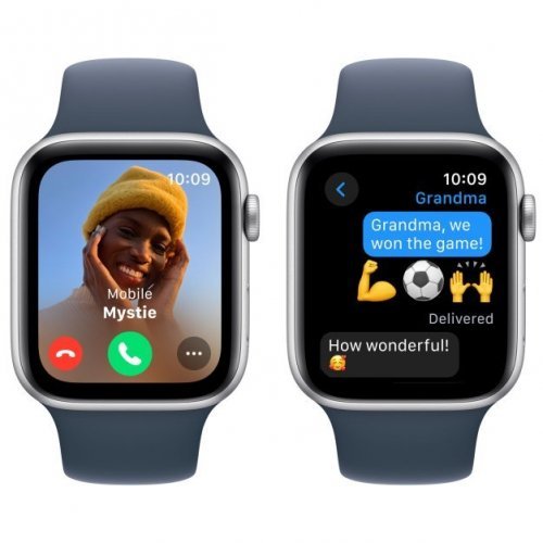 Apple Watch SE 2023, 40 мм, корпус из алюминия серебристого цвета, спортивный ремешок цвета грозовой синий, размер S/M, MRE13